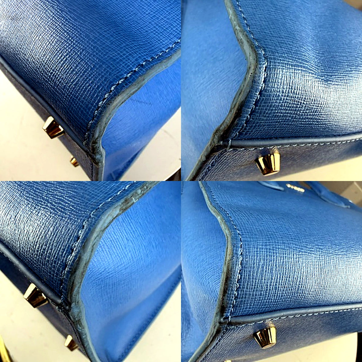 Authentic Furla powder blue saffiano leather tote bag, corner macro shots showing edge discoloration