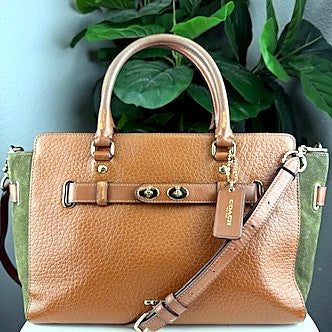 Authentic Coach Swagger Tan Leather Olive Suede Colorblock Satchel Bag - front