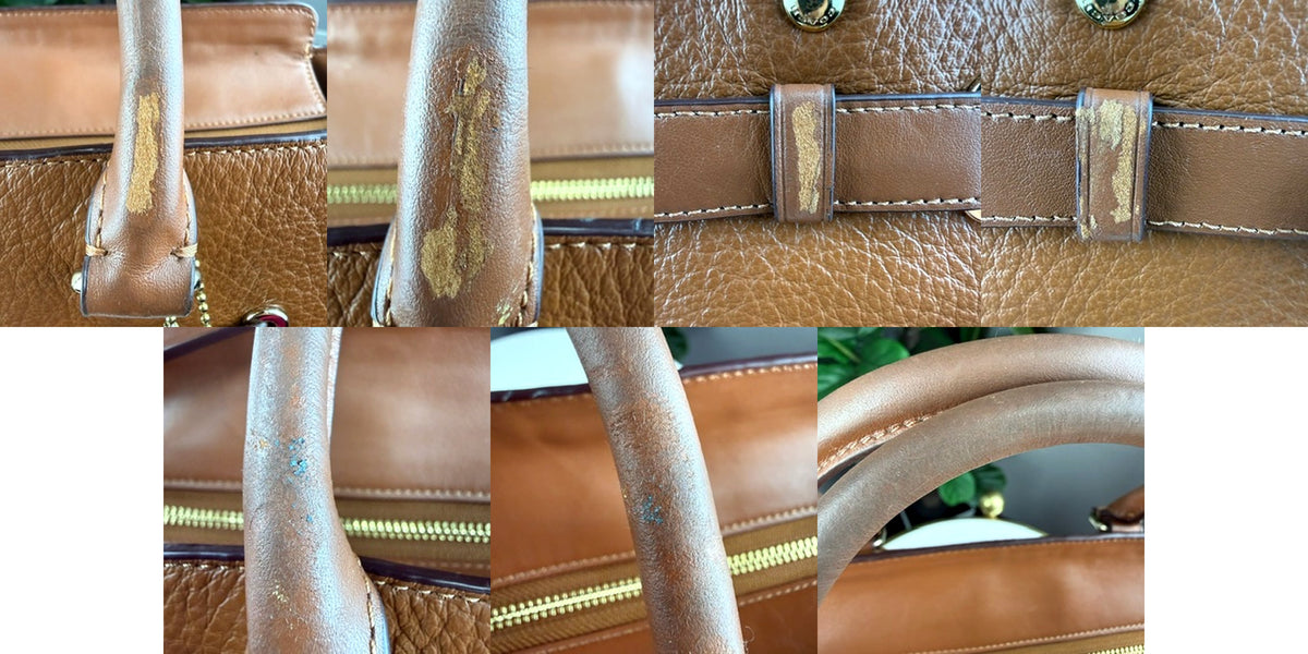 Coach Swagger satchel - handle wear close-ups showing finish flaking and paint transfer marks
