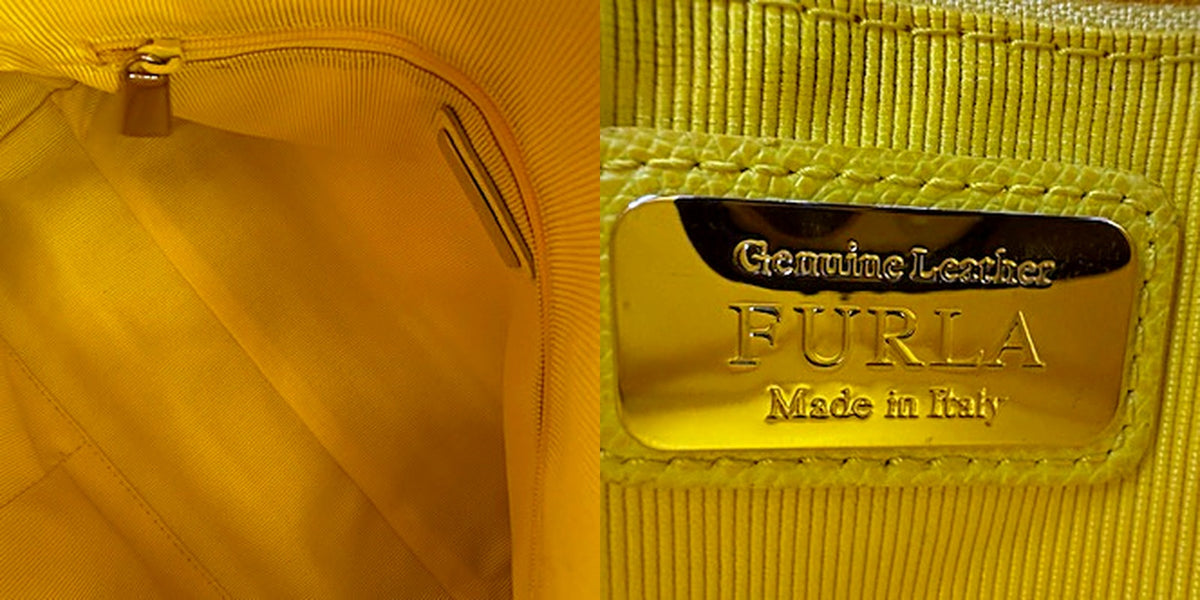 Authentic Furla Piper Bright Yellow Saffiano Leather Dome Bag - interior and brand tag