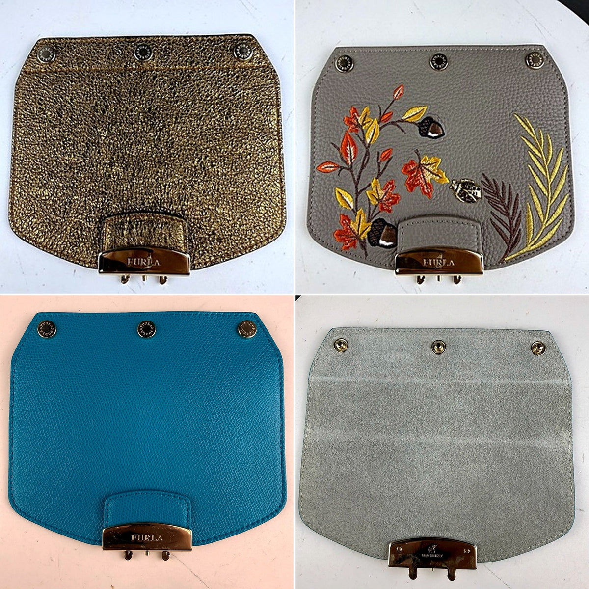 Three included interchangeable Furla flap covers: gold metallic, taupe with autumn leaf embroidery, and teal, plus suede back with turnlock bracket