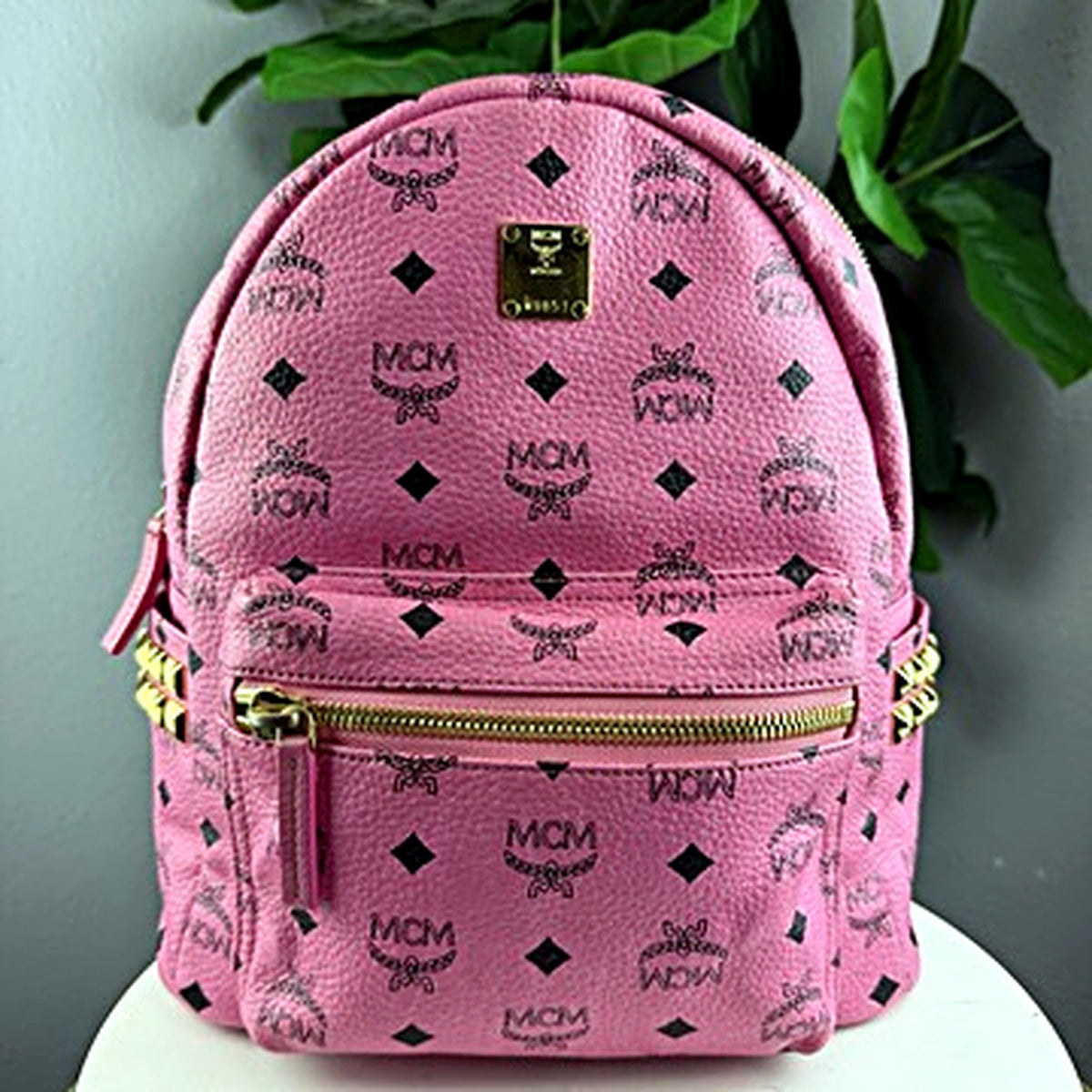 Authentic MCM Stark Pink Visetos Studded Backpack - front