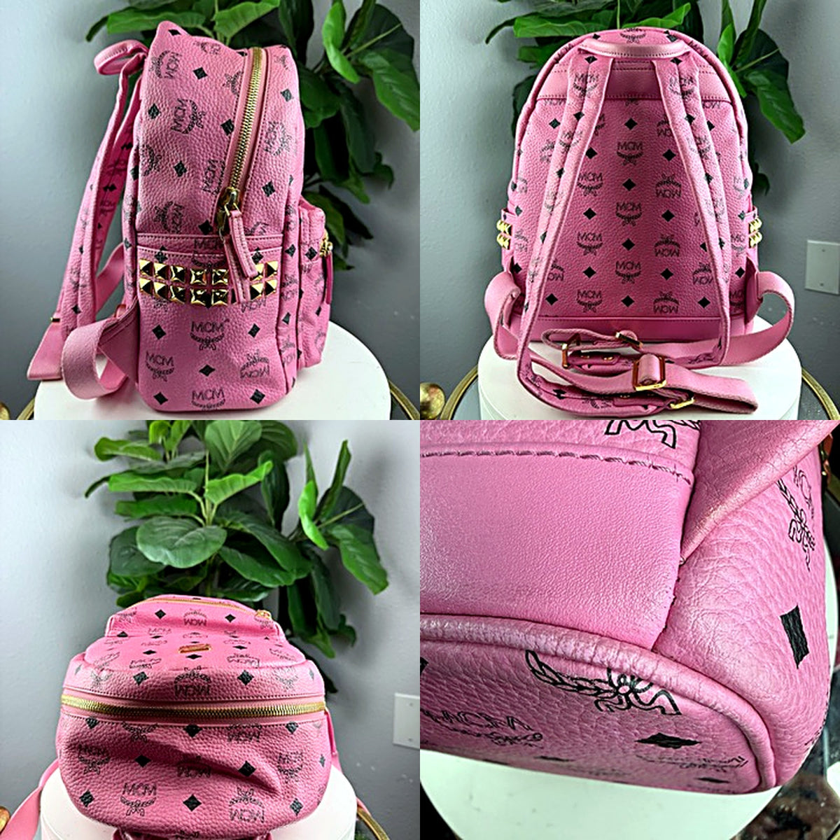Authentic MCM Stark Pink Visetos Studded Backpack - detail views