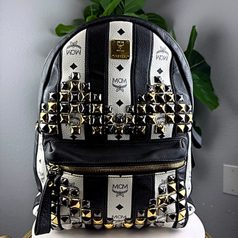 Authentic MCM Stark black and white striped Visetos studded backpack - front