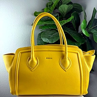 Authentic Furla Bright Yellow Pebbled Leather Winged Satchel Bag - front view