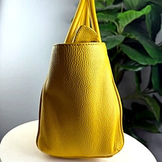 Authentic Furla Bright Yellow Pebbled Leather Winged Satchel Bag - side view