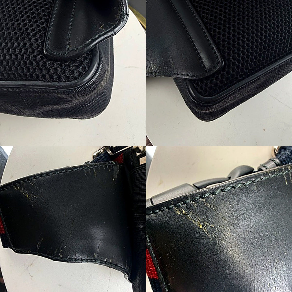 Close-up of leather trim cracking and crazing on Gucci belt bag