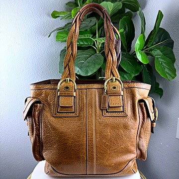 Authentic Coach camel pebbled leather crossbody tote - front view with braided handles