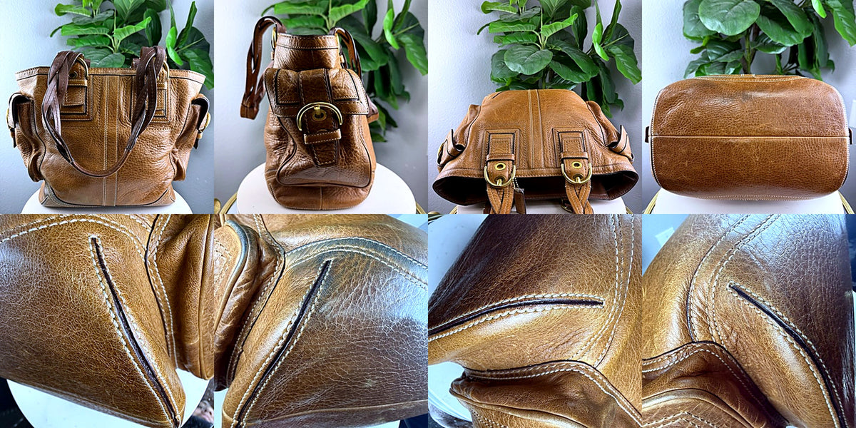 Authentic Coach camel pebbled leather crossbody tote - handles, back, bottom, and leather grain macro details