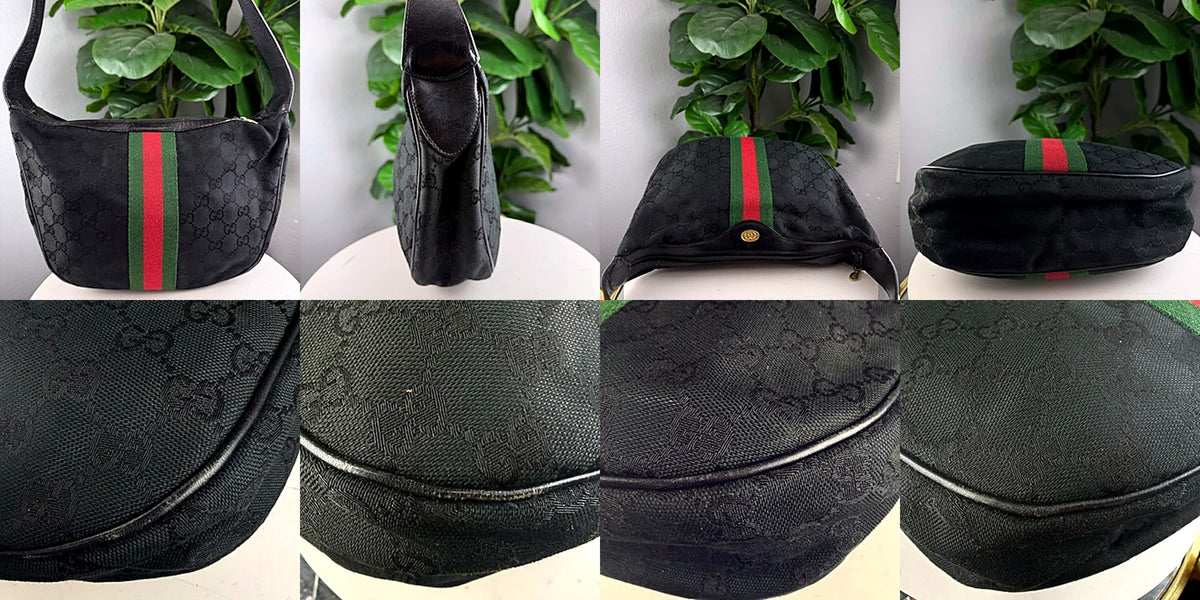 Authentic vintage Gucci Accessory Collection black GG canvas hobo bag - detail views