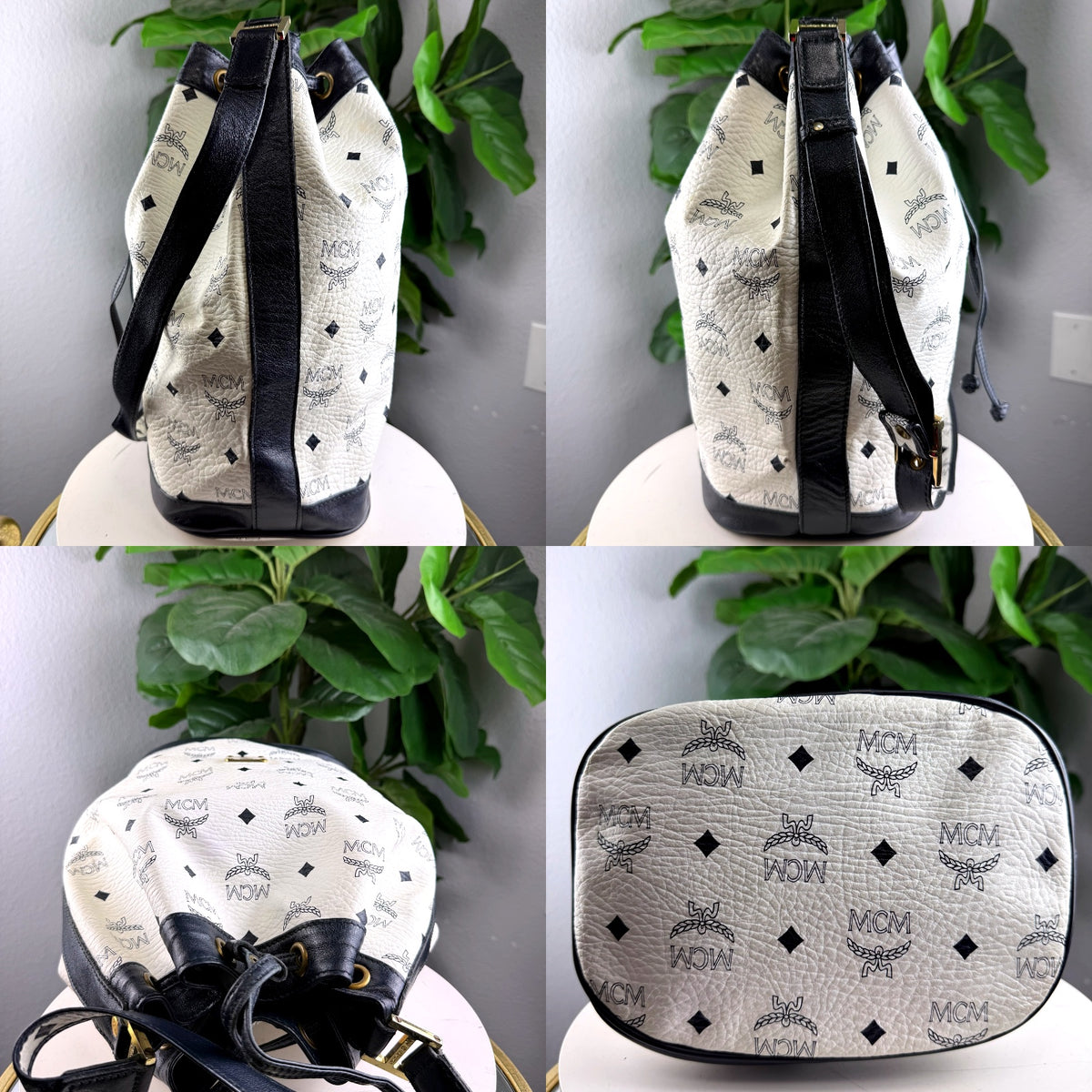 Authentic MCM Visetos Drawstring Bucket Bag White Black Leather - 03_detail_1.jpg