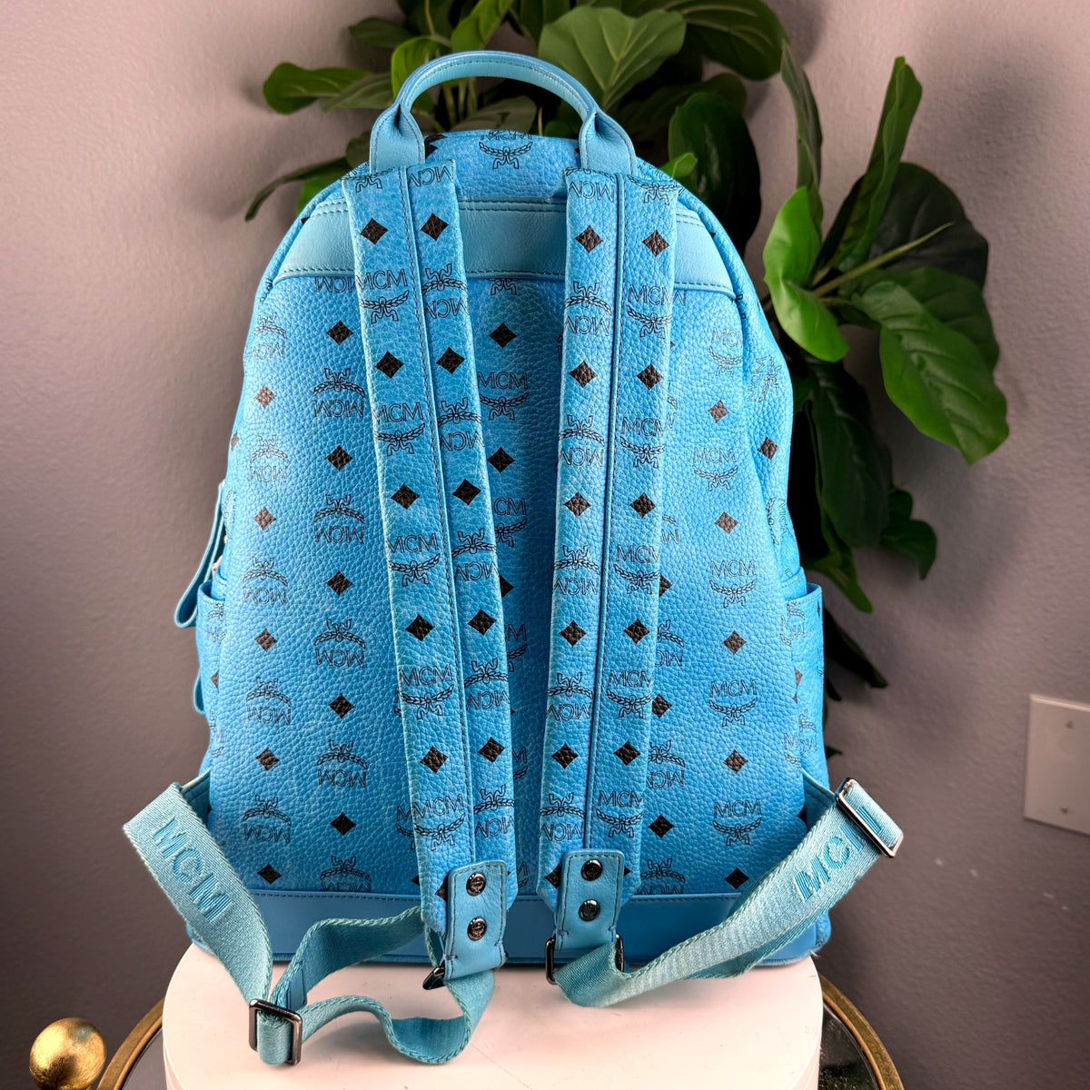 Authentic MCM Stark Studded Visetos Backpack Blue Medium - 02_back.jpg