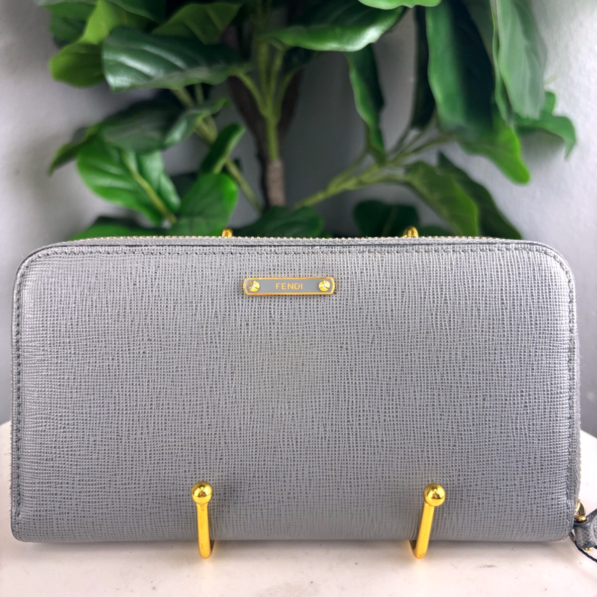 Authentic Fendi Grey Saffiano Leather Zip Around Wallet Gold Hardware - 01_photo.jpg