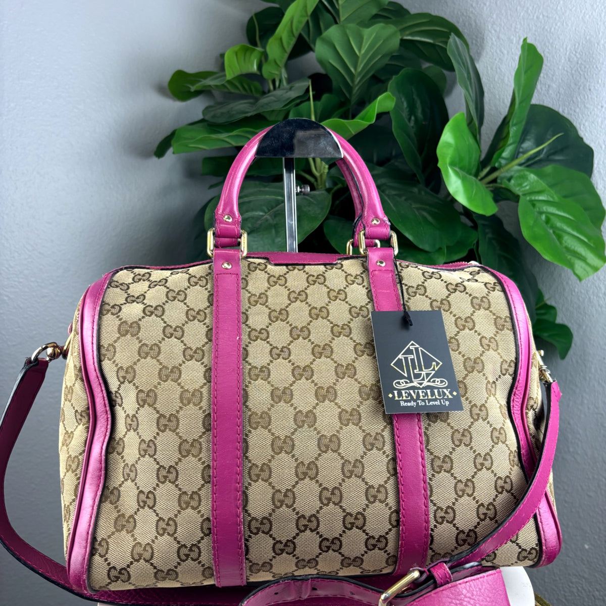 Authentic Gucci GG Canvas Boston Bag with Pink Leather Trim - 01_photo.jpg