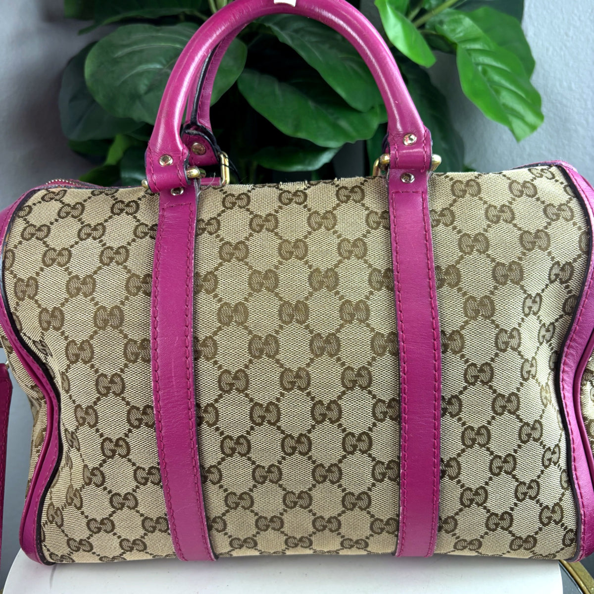 Authentic Gucci GG Canvas Boston Bag with Pink Leather Trim - 02_photo.jpg