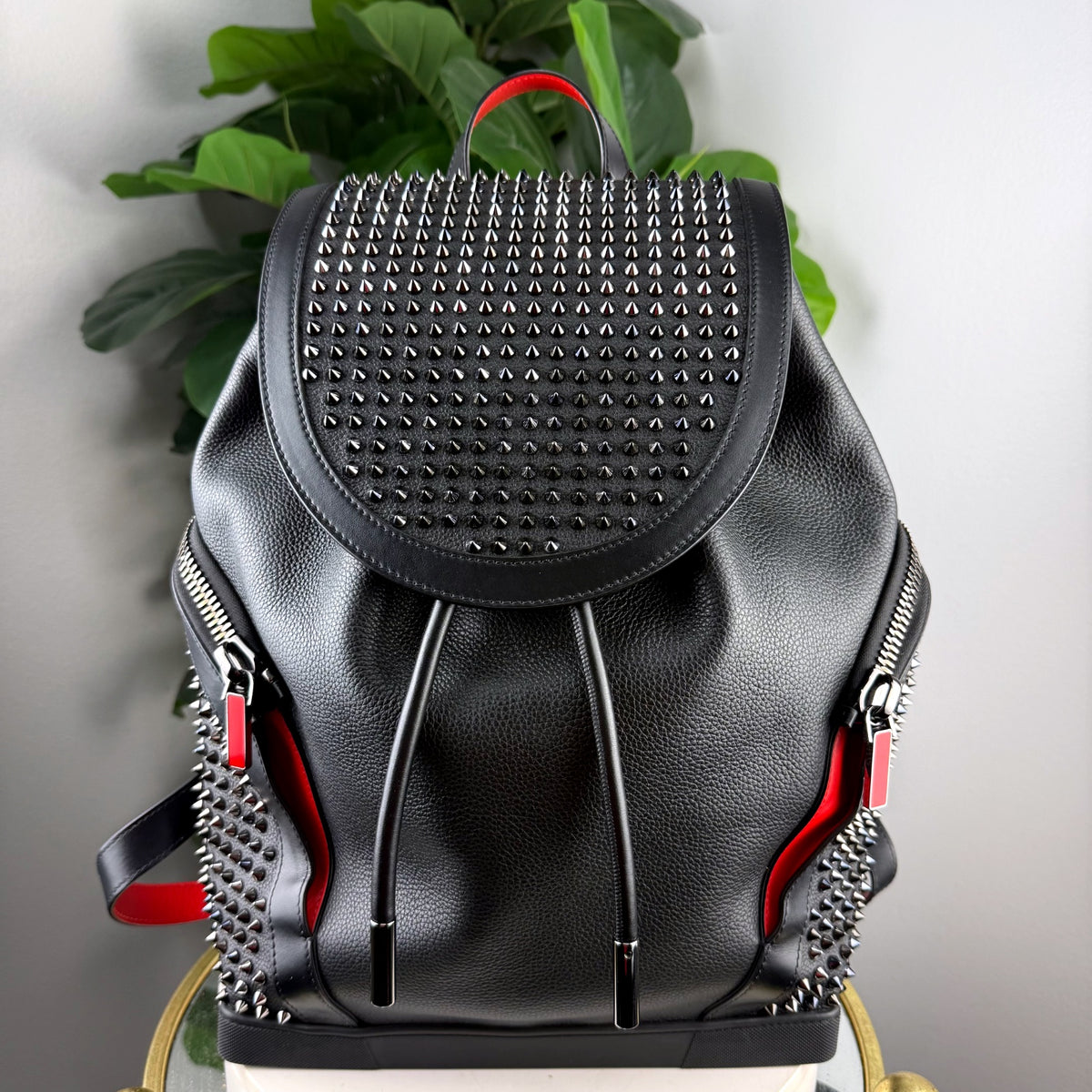 Authentic Christian Louboutin Explorafunk Studded Leather Backpack Black Red - 01_front.jpg