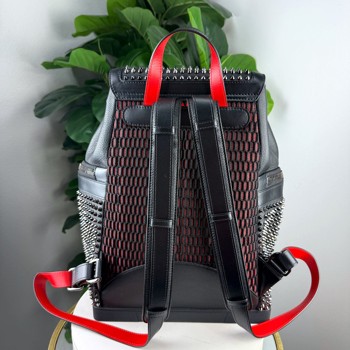 Authentic Christian Louboutin Explorafunk Studded Leather Backpack Black Red - 02_back.jpg