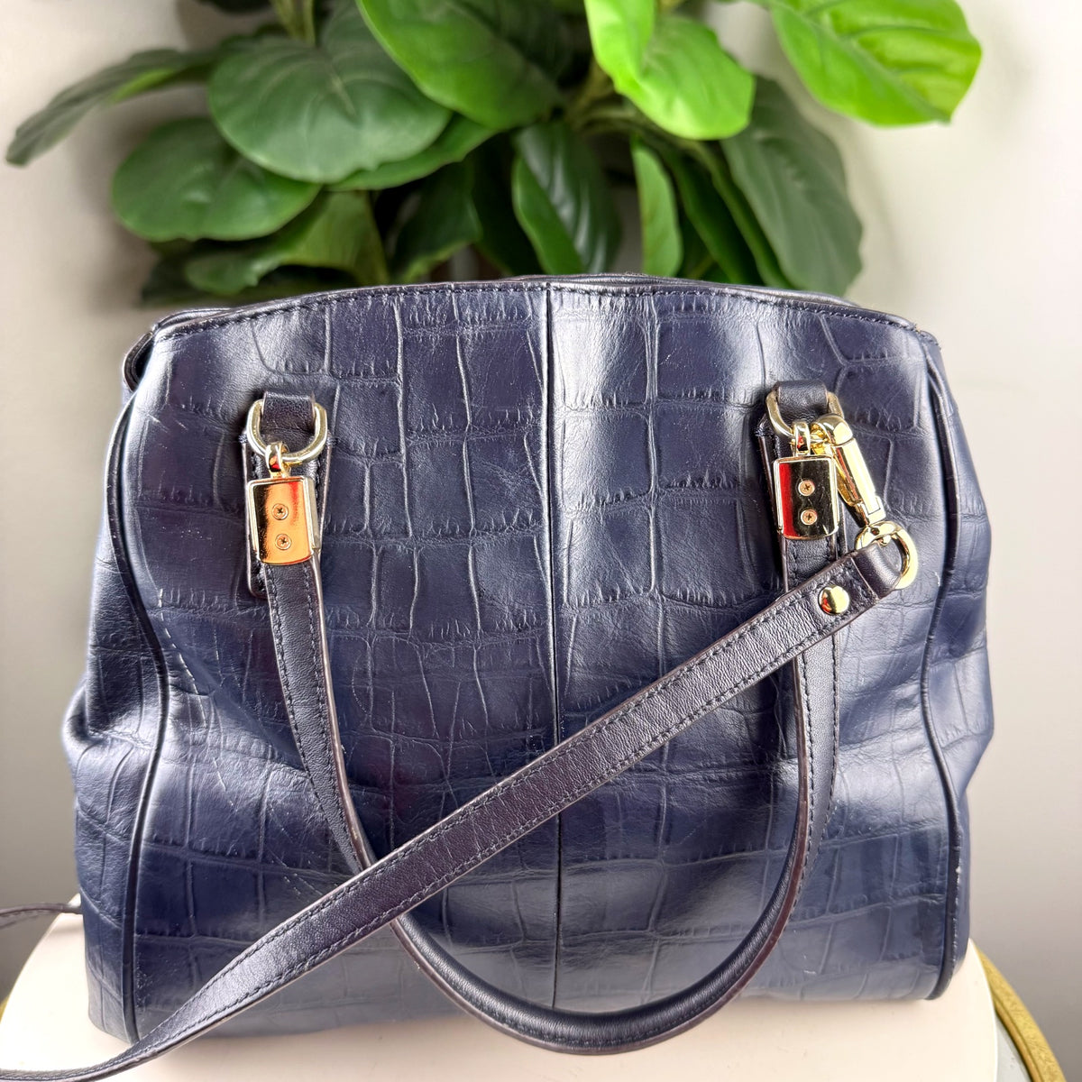 Authentic Coach Embossed Croc Leather Satchel Navy Blue with Crossbody Strap - 02_back.jpg