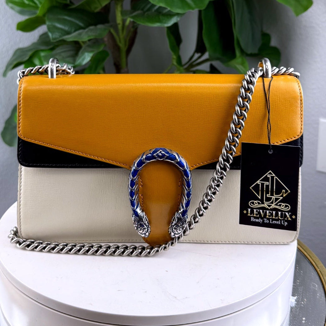 Authentic Gucci Dionysus Medium Shoulder Bag Tricolor Mustard Cream Black - 01_front.jpg
