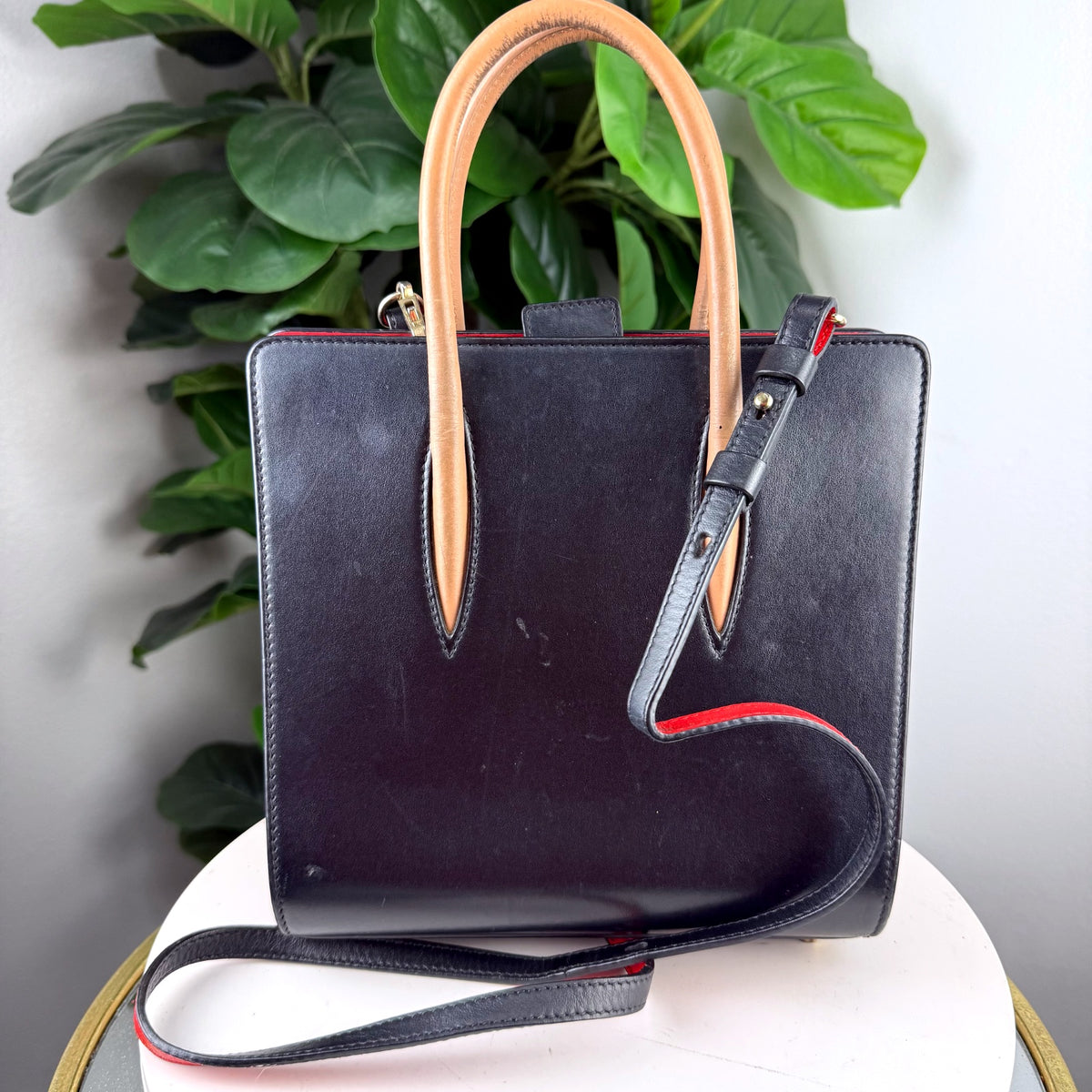Authentic Arcadia Black Patent Leather Tote with Tan Handles Made in Italy - 02_back.jpg