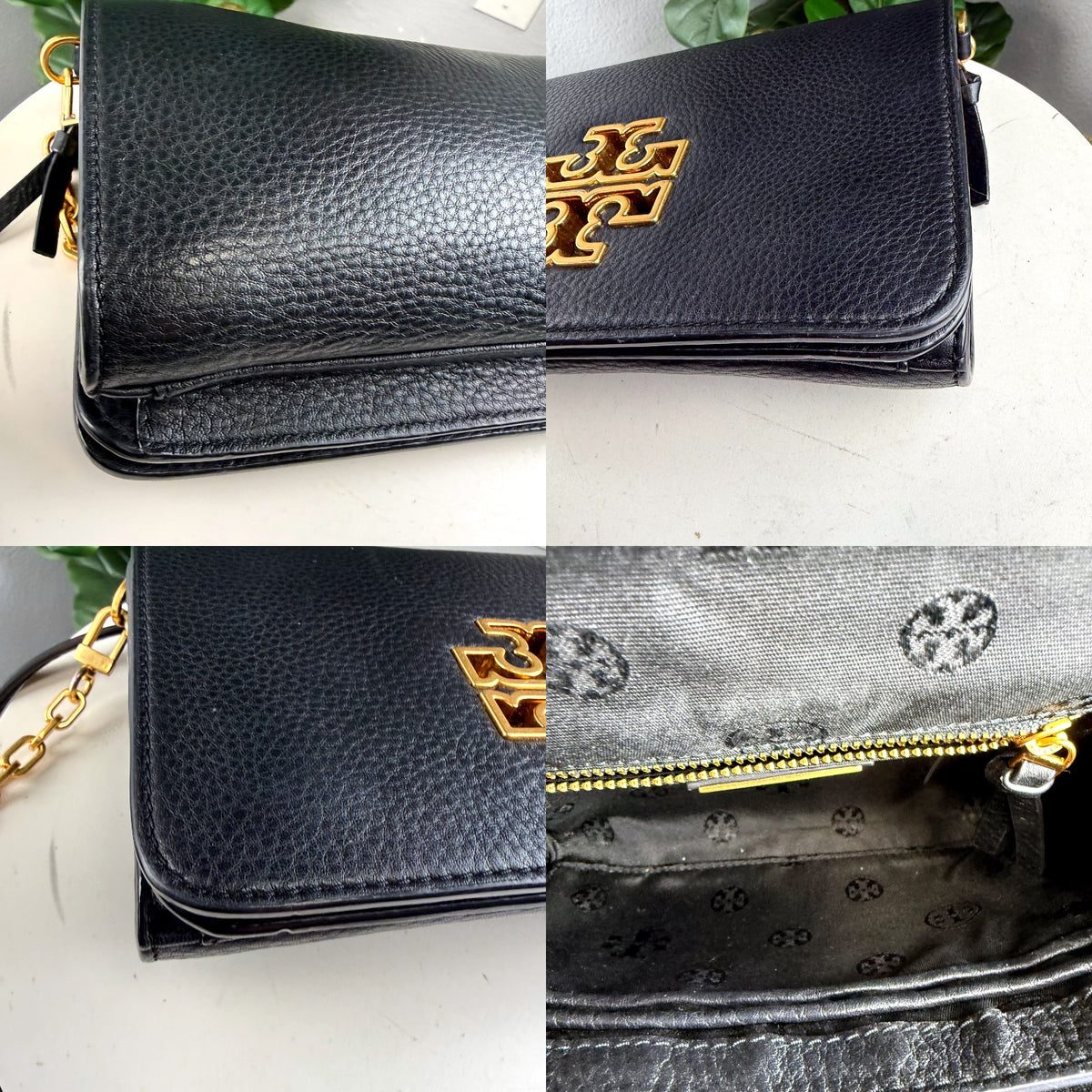 Authentic Tory Burch Britten Black Pebbled Leather Crossbody Bag Gold Hardware - 04_detail_2.jpg