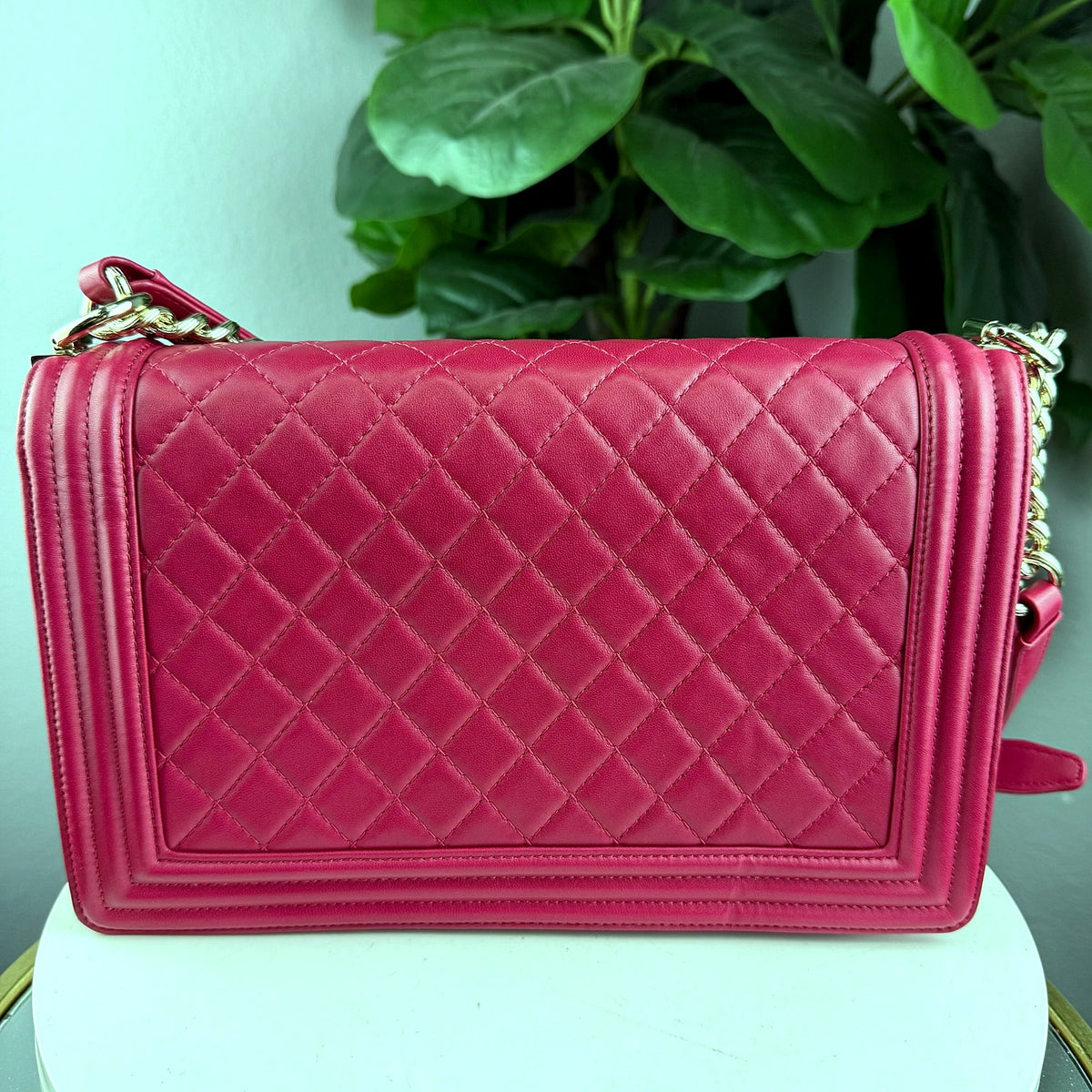 Authentic Chanel Boy Bag Medium Quilted Lambskin Fuchsia Pink Gold Hardware - 02_photo.jpg