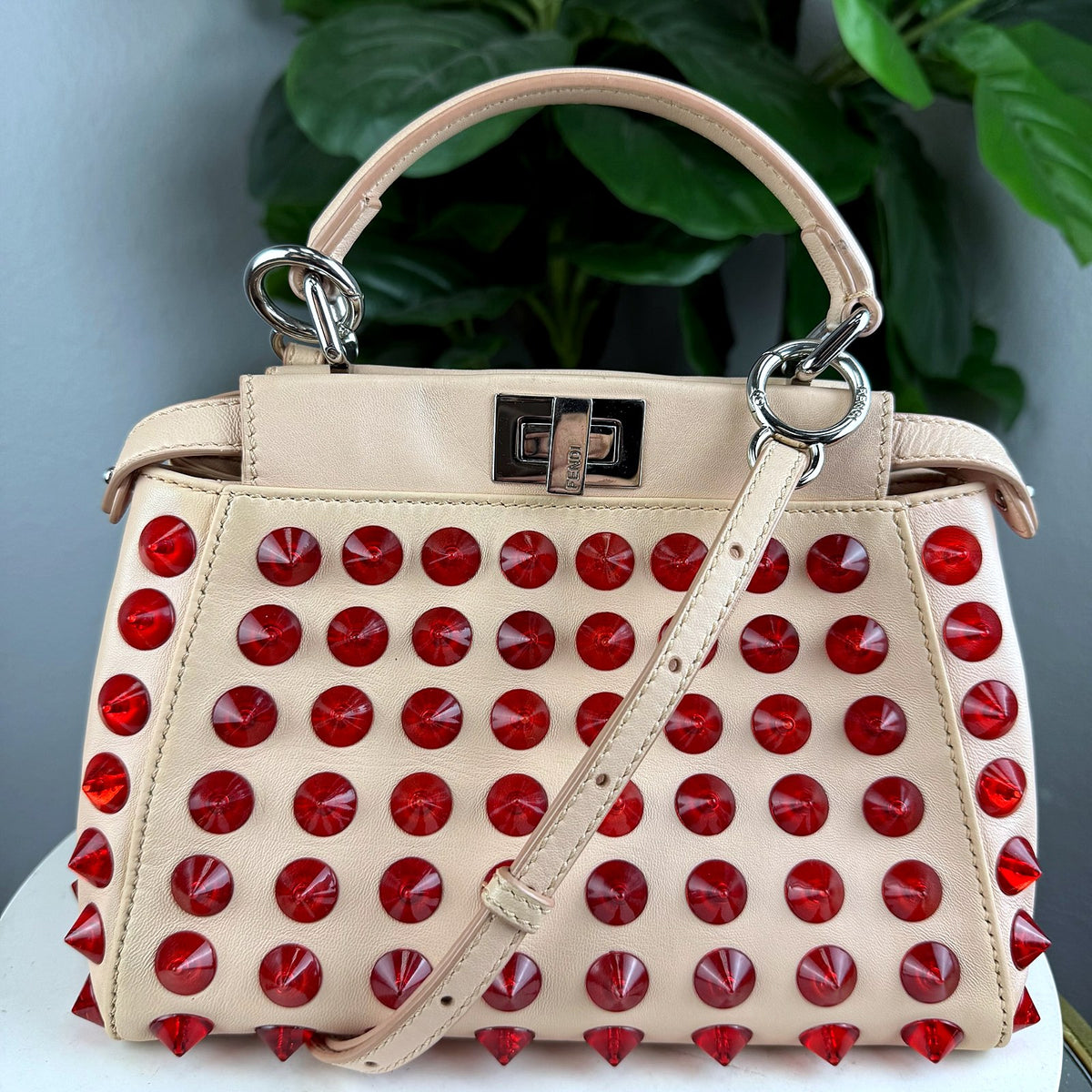 Authentic Fendi Peekaboo Mini Red Crystal Studded Beige Leather Satchel - 01_photo.jpg