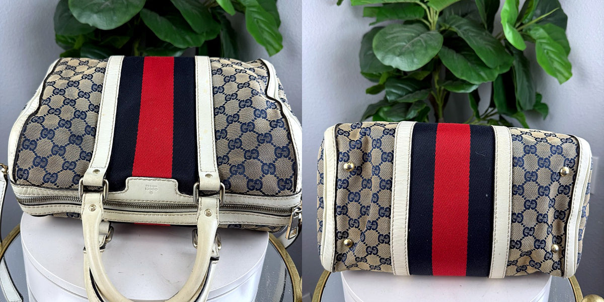 Authentic Gucci Vintage Boston Bag GG Canvas Blue White Leather - 05_extra.jpg