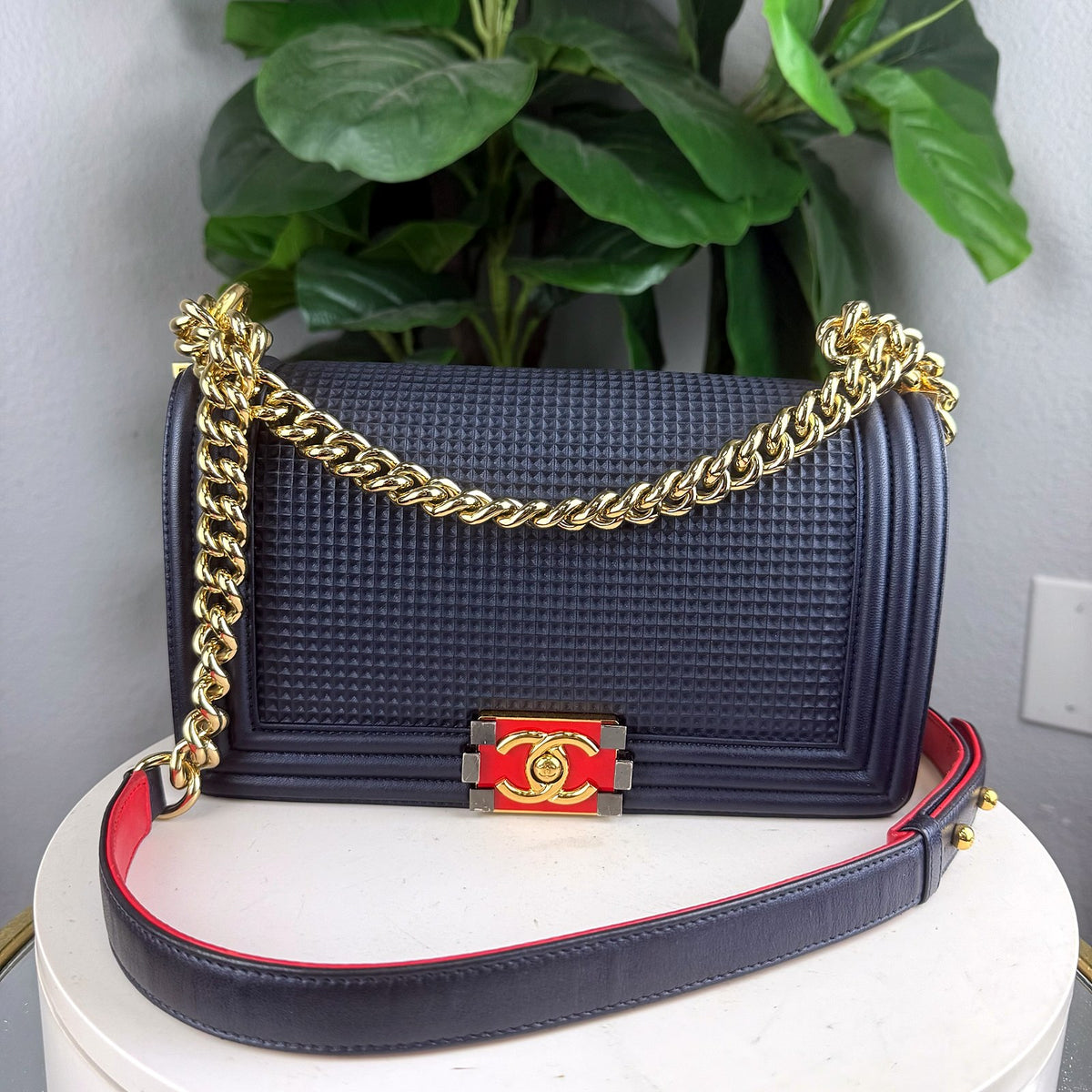 Authentic Chanel Boy Bag Medium Navy Blue Textured Leather Gold Hardware - 01_photo.jpg