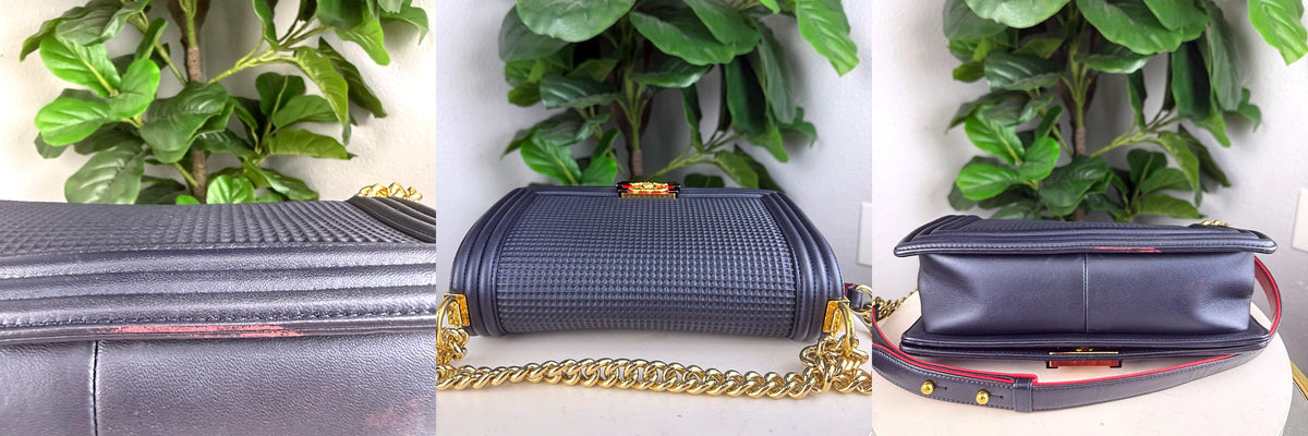 Authentic Chanel Boy Bag Medium Navy Blue Textured Leather Gold Hardware - 07_extra.jpg