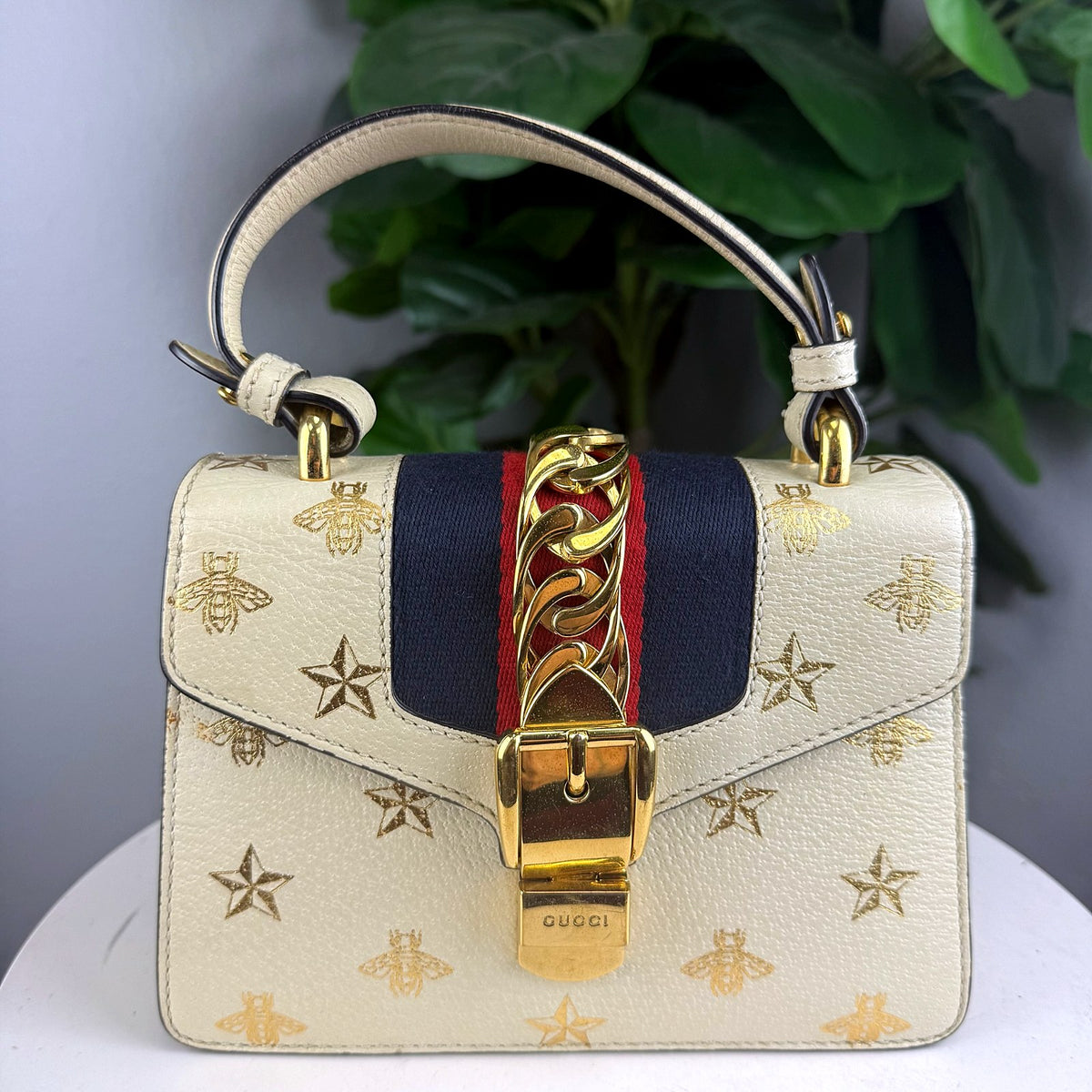 Authentic Gucci Sylvie Mini Top Handle Bag Cream Bees Stars - 02_photo.jpg