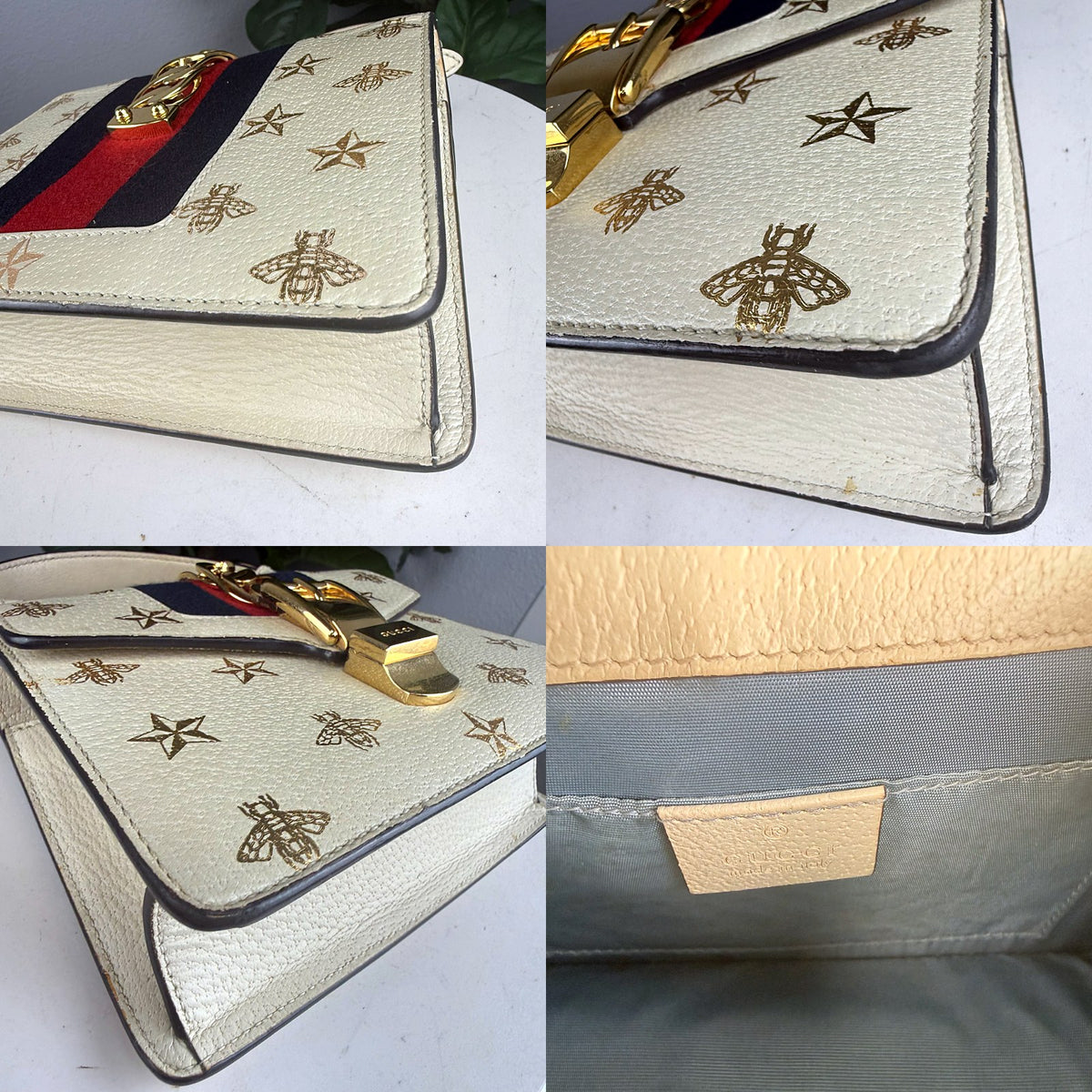 Authentic Gucci Sylvie Mini Top Handle Bag Cream Bees Stars - 04_corners.jpg
