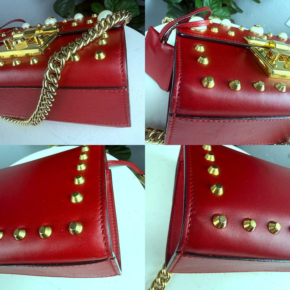 Authentic Gucci Padlock Small Shoulder Bag Red Leather Pearl Studs Gold Hardware - 03_corners.jpg