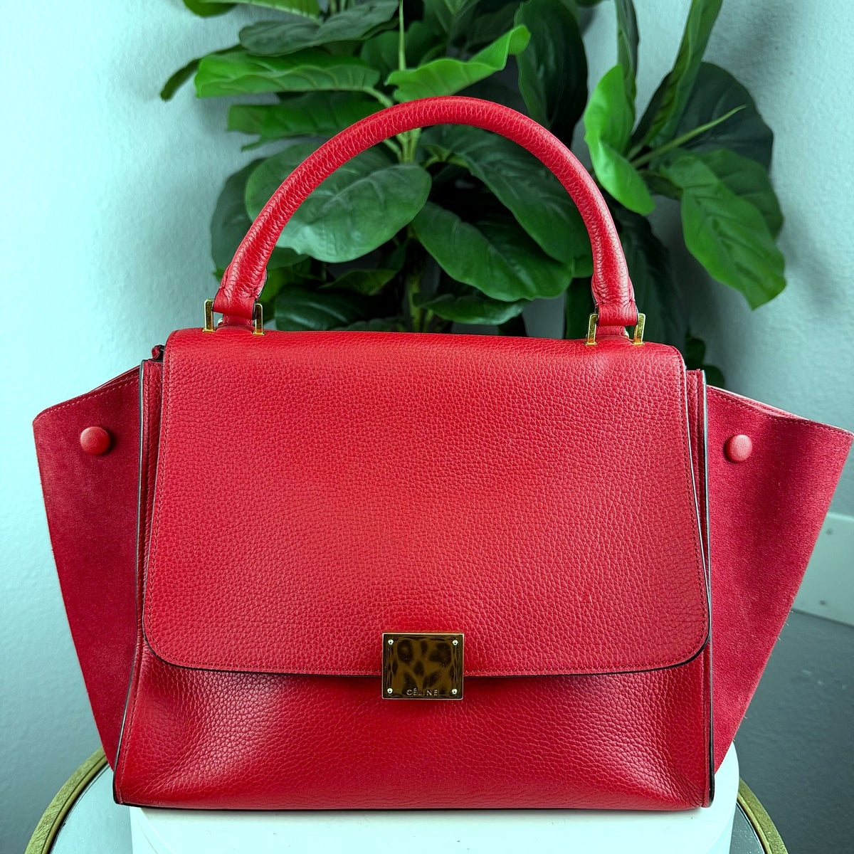 Authentic Celine Small Trapeze Bag in Red Grained Calfskin Leather - 01_photo.jpg