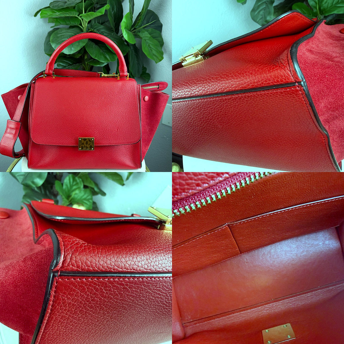 Authentic Celine Small Trapeze Bag in Red Grained Calfskin Leather - 03_corners.jpg