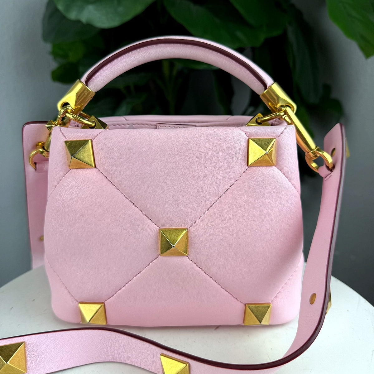 Authentic Valentino Garavani Roman Stud Small Top Handle Bag in Pink Leather - 02_photo.jpg