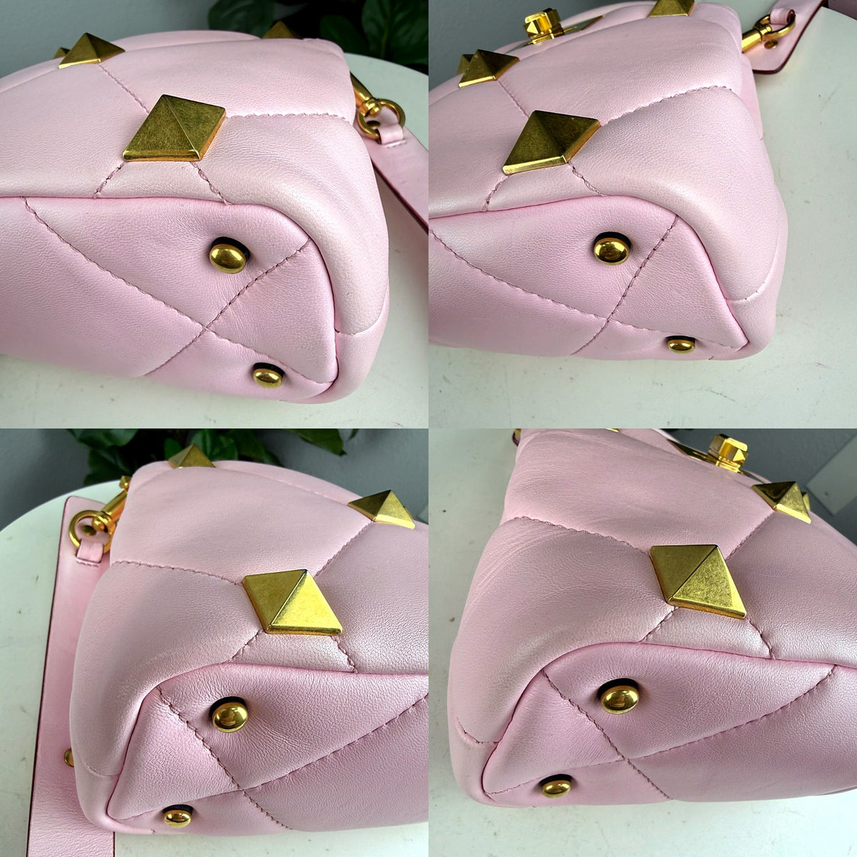 Authentic Valentino Garavani Roman Stud Small Top Handle Bag in Pink Leather - 04_corners.jpg