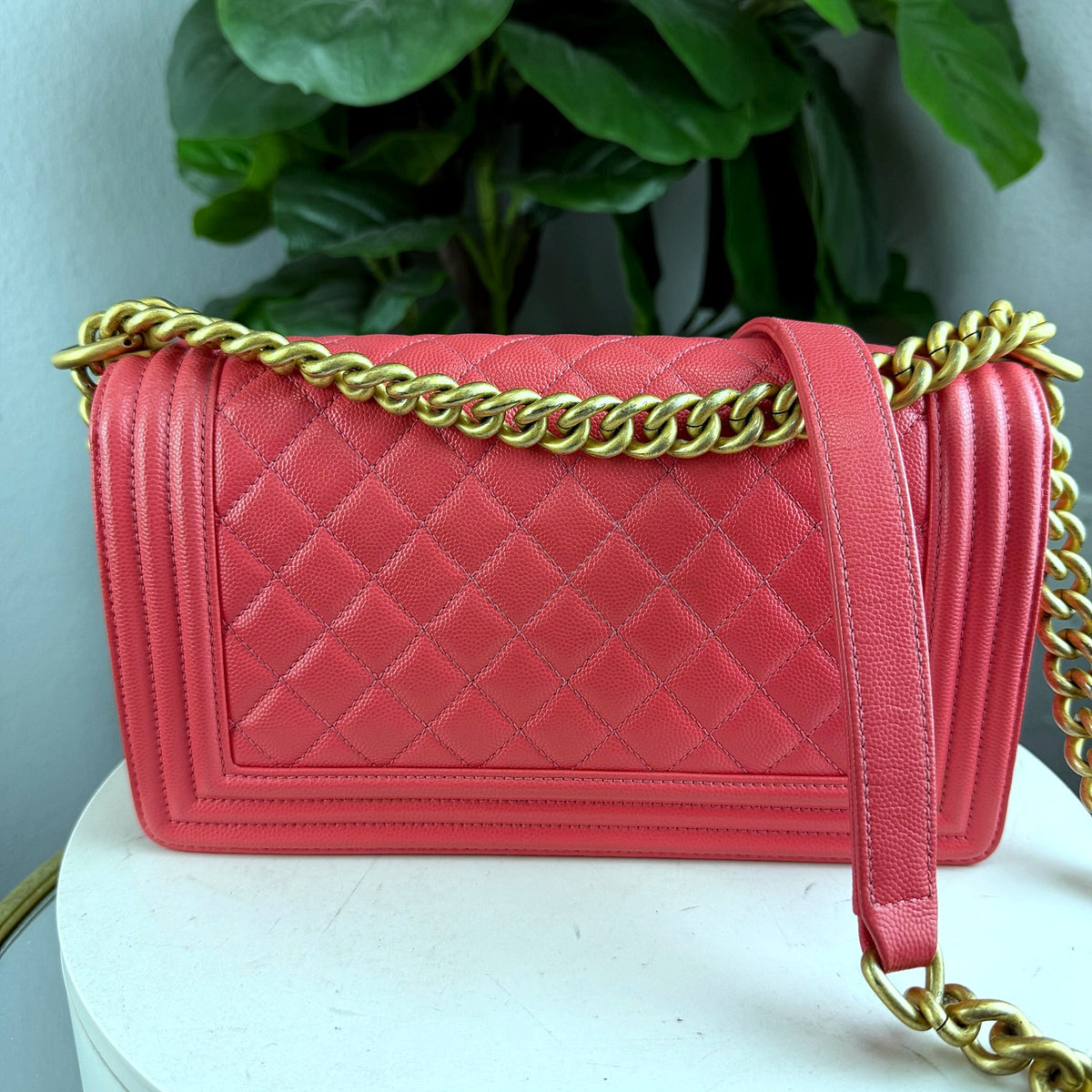 Authentic Chanel Boy Medium Quilted Caviar Flap Bag Coral Gold Hardware - 02_photo.jpg