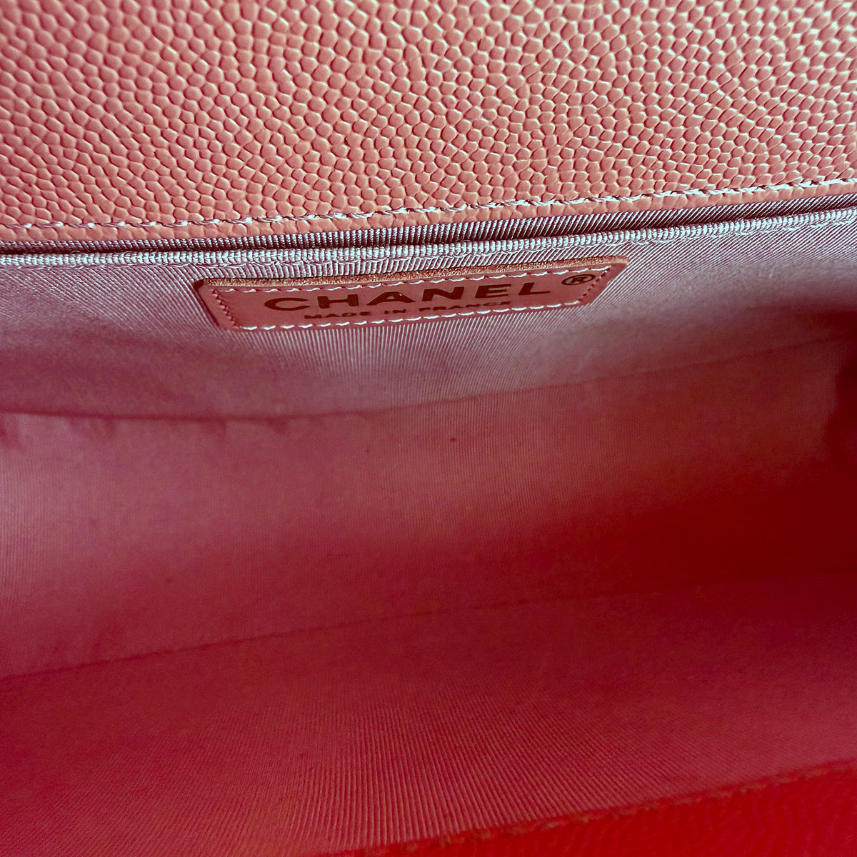 Authentic Chanel Boy Medium Quilted Caviar Flap Bag Coral Gold Hardware - 05_inside.jpg