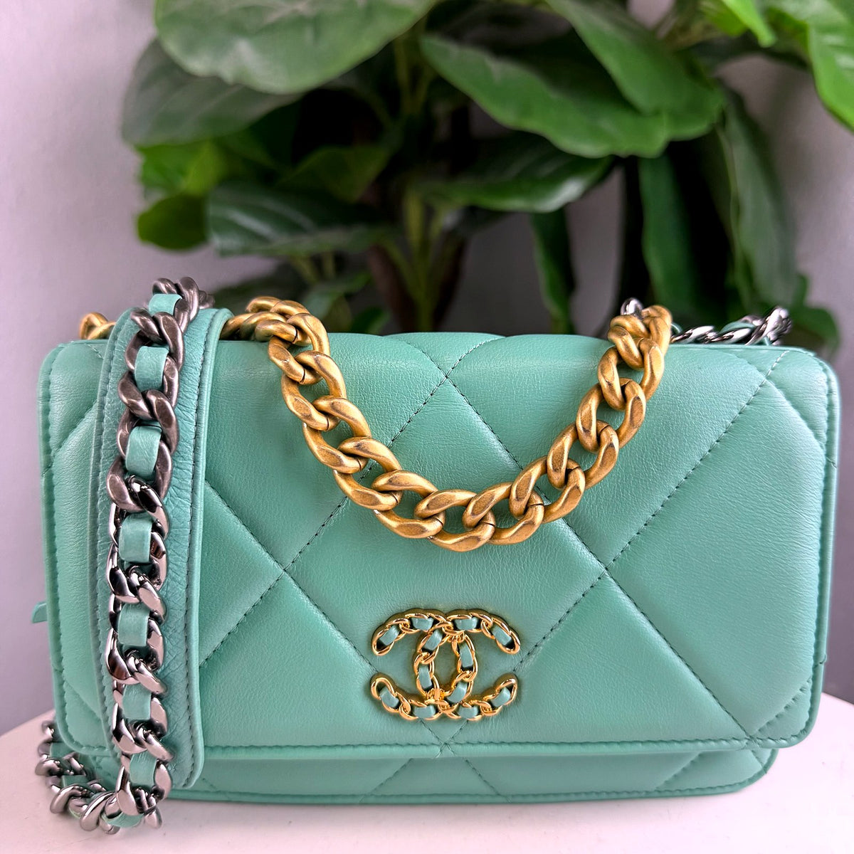 Authentic Chanel 19 Small Flap Bag Light Green Quilted Lambskin Mixed Chain - 01_photo.jpg