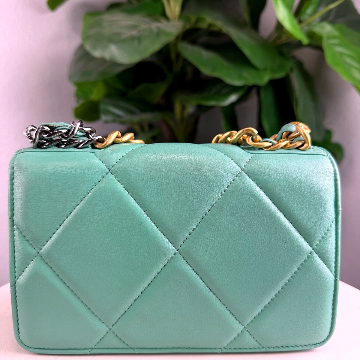 Authentic Chanel 19 Small Flap Bag Light Green Quilted Lambskin Mixed Chain - 02_photo.jpg