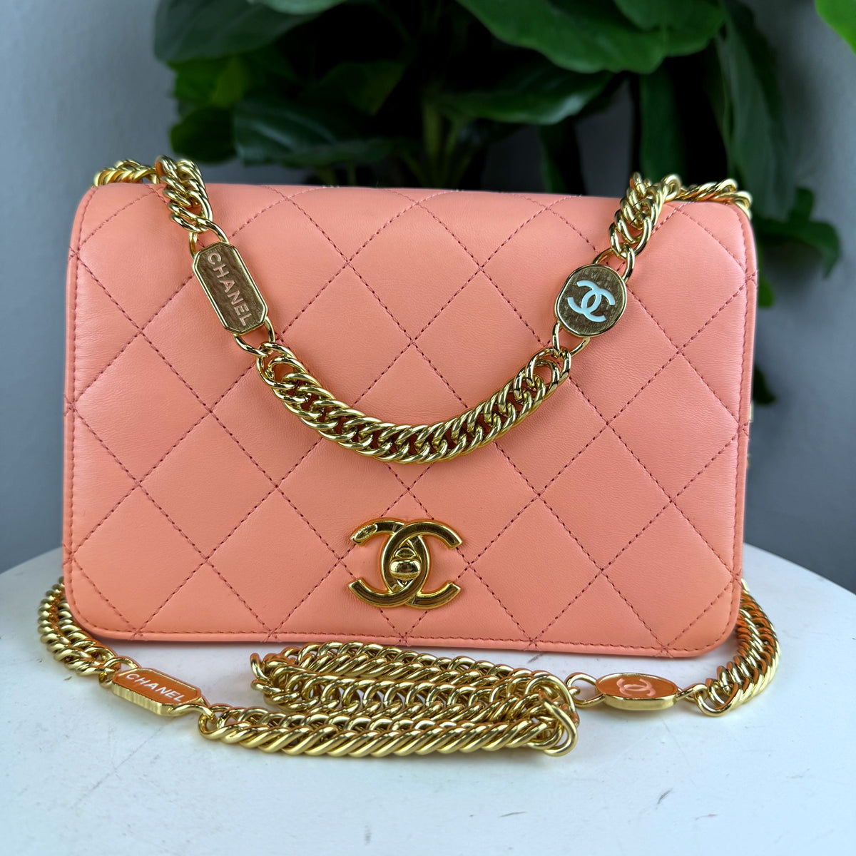Authentic Chanel Trendy CC Flap Bag Small Coral Pink Lambskin Gold Hardware - 01_front.jpg