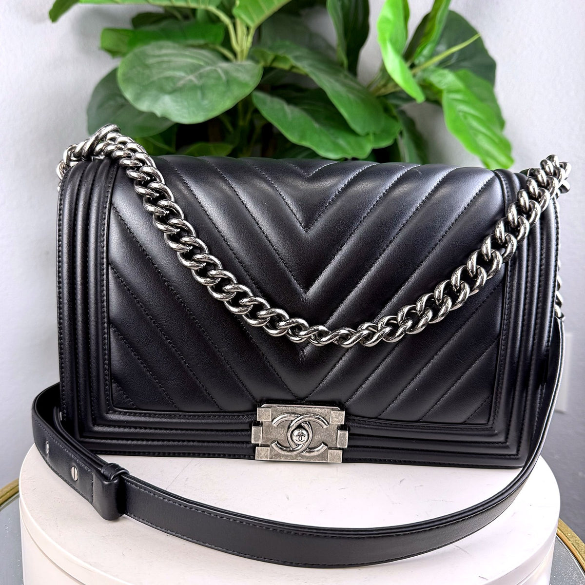Authentic Chanel Boy Bag New Medium Black Chevron Lambskin Ruthenium Hardware - 01_photo.jpg