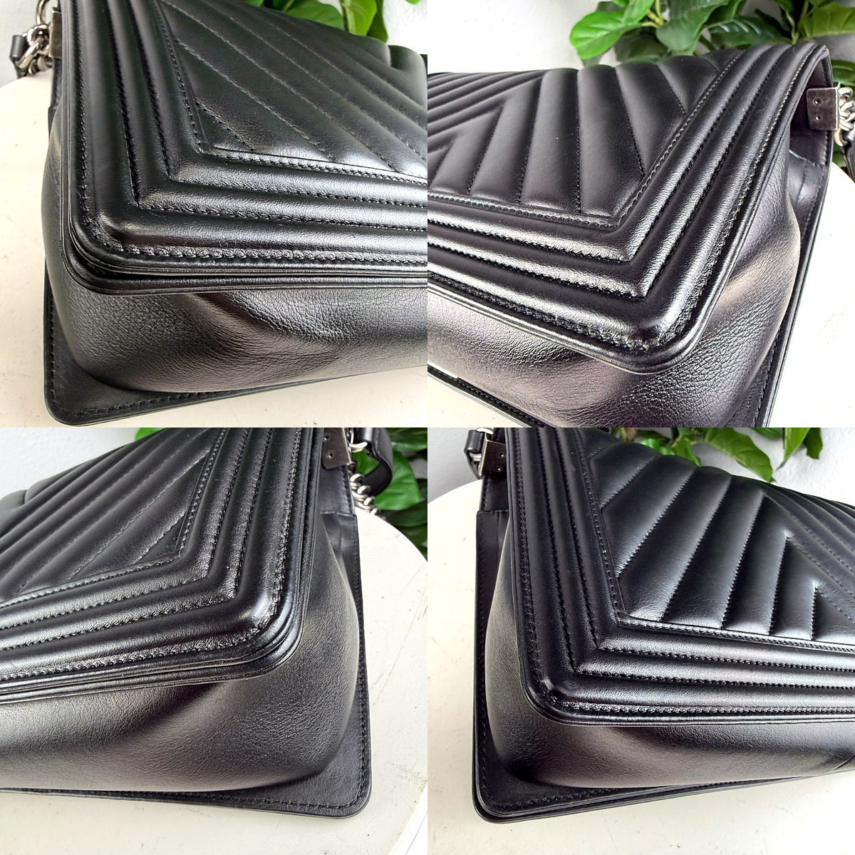 Authentic Chanel Boy Bag New Medium Black Chevron Lambskin Ruthenium Hardware - 03_corners.jpg