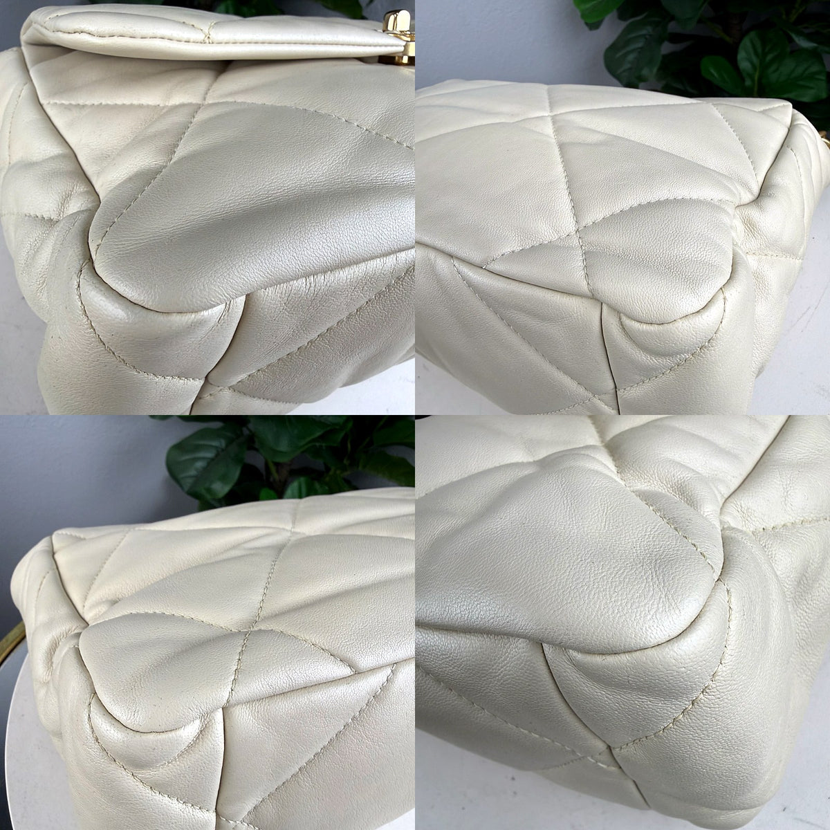 Authentic Chanel 19 Small Flap Bag Cream Quilted Lambskin Chain - 04_corners.jpg