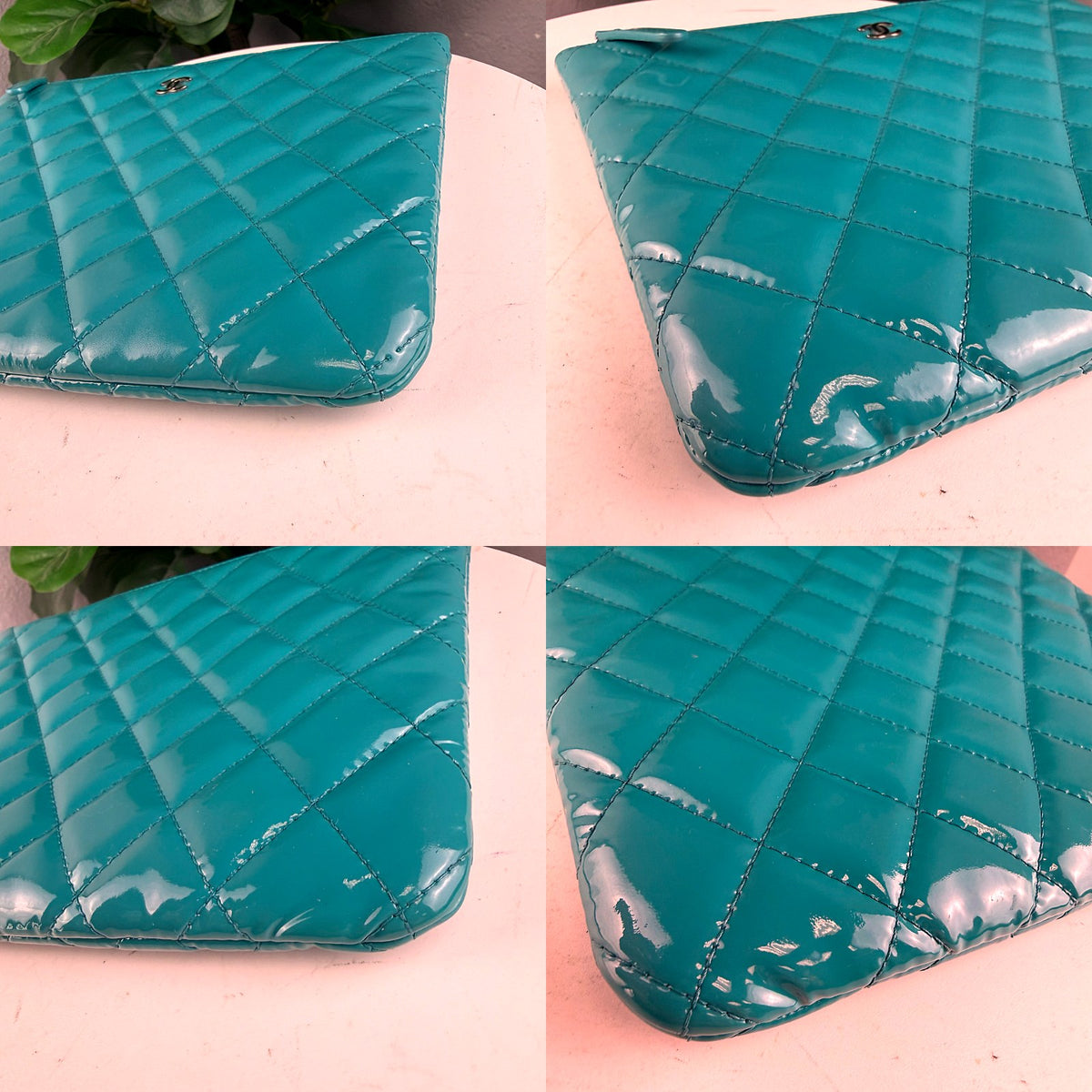 Authentic Chanel Turquoise Patent Leather Quilted O-Case Clutch Pouch - 03_corners.jpg