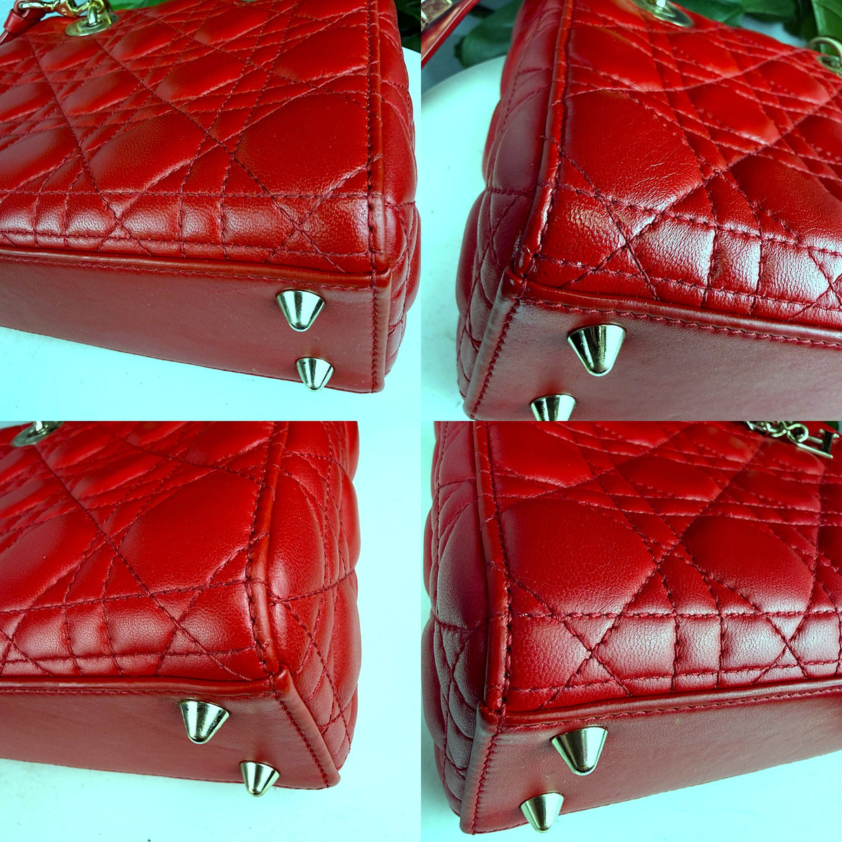 Authentic Dior Lady Dior Medium Red Lambskin Cannage Quilted Bag - 03_corners.jpg
