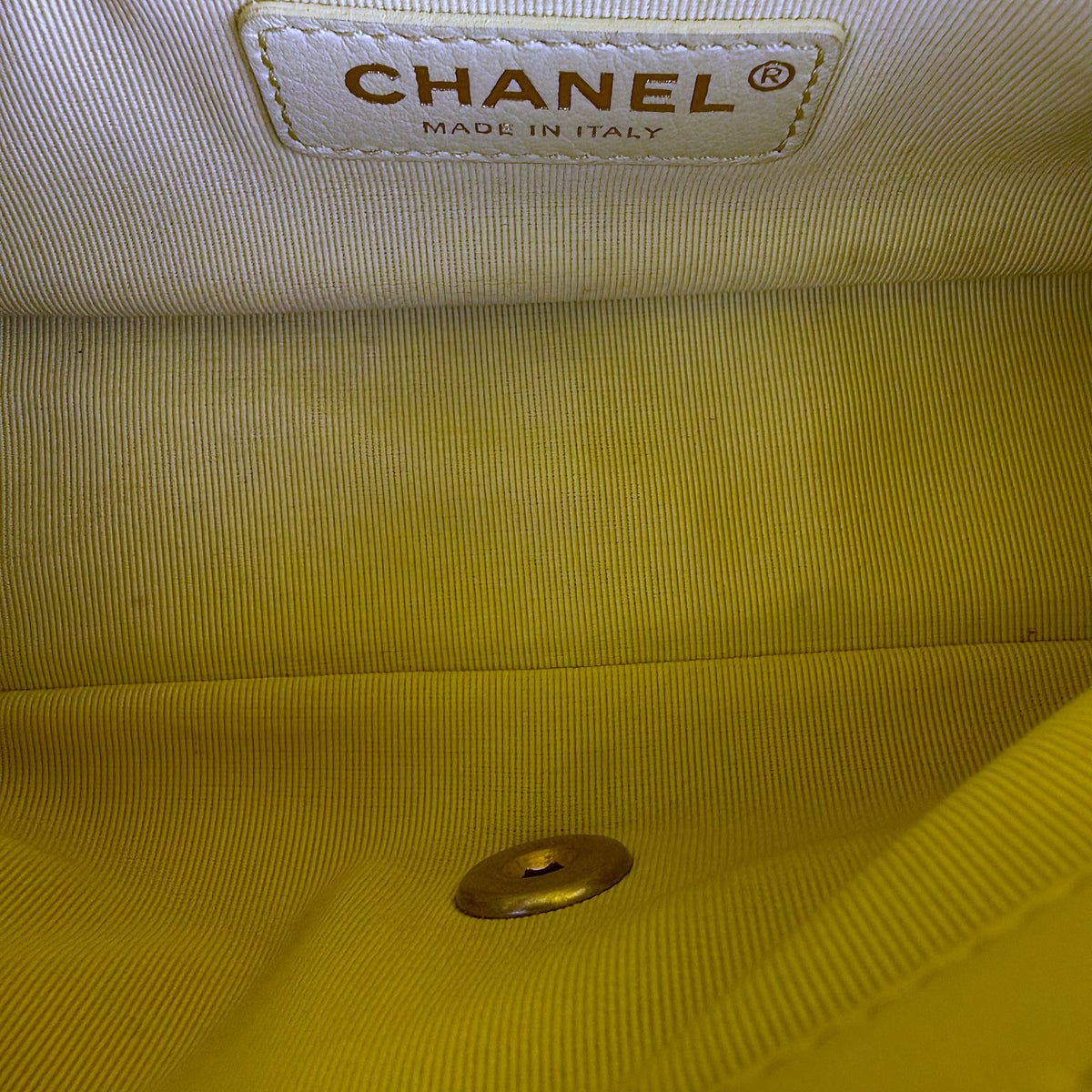 Authentic Chanel Yellow Quilted Lambskin Mini Rectangular Flap Bag Gold Hardware - 04_inside.jpg
