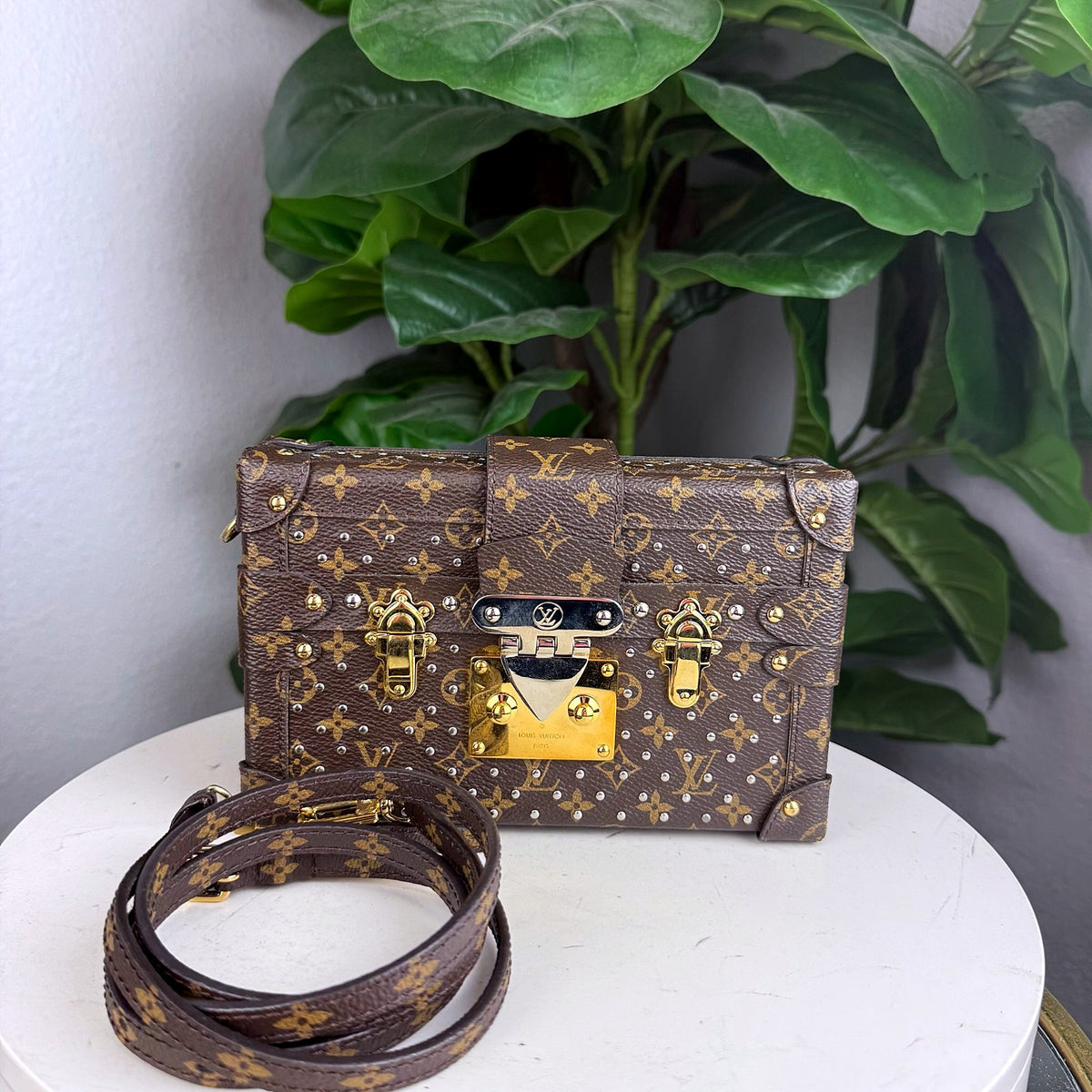 Authentic Louis Vuitton Monogram Petite Malle Trunk Clutch with Studs - 01_photo.jpg