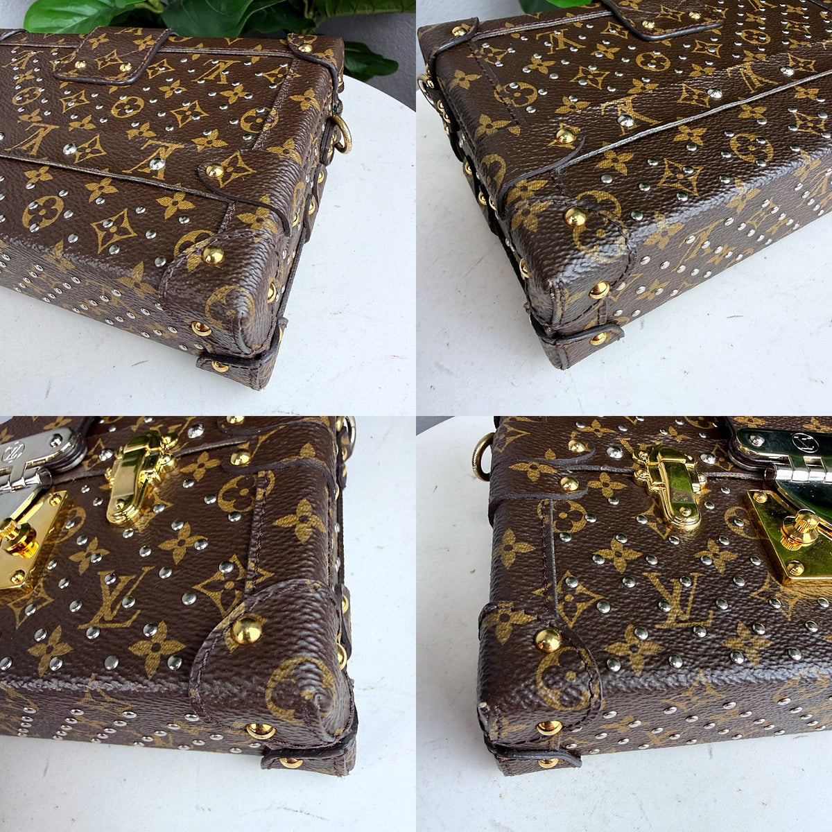 Authentic Louis Vuitton Monogram Petite Malle Trunk Clutch with Studs - 03_corners.jpg